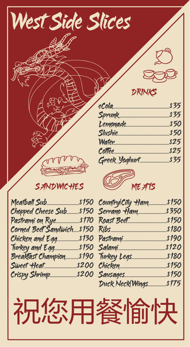 West Side Slices menu board